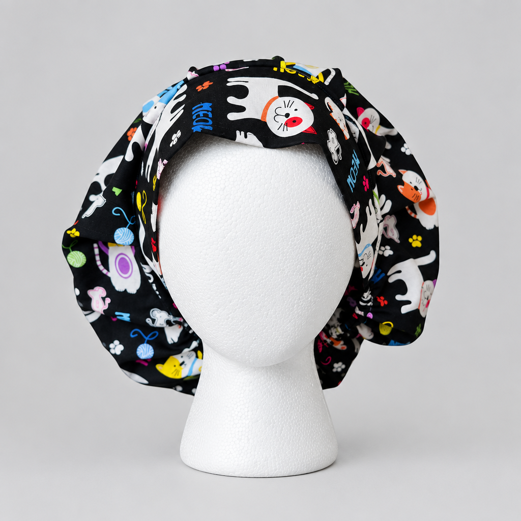 Cat print bouffant scrub cap for long hair, handmade cotton