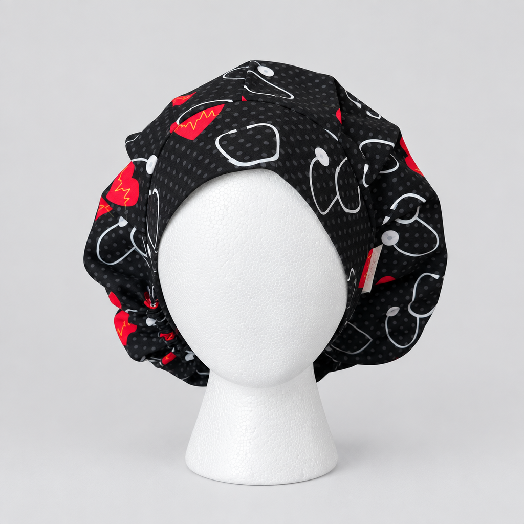 Heart of the Shift bouffant scrub cap for long hair, handmade cotton