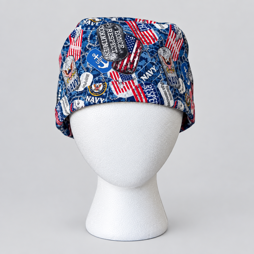 Navy inspired tie back scrub cap, handmade cotton