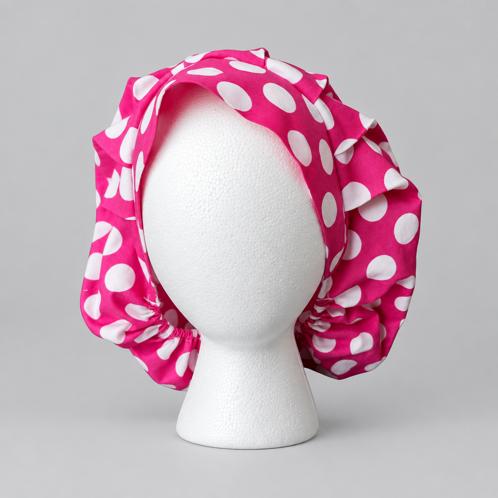 Polka dot bouffant scrub cap for long hair, handmade cotton