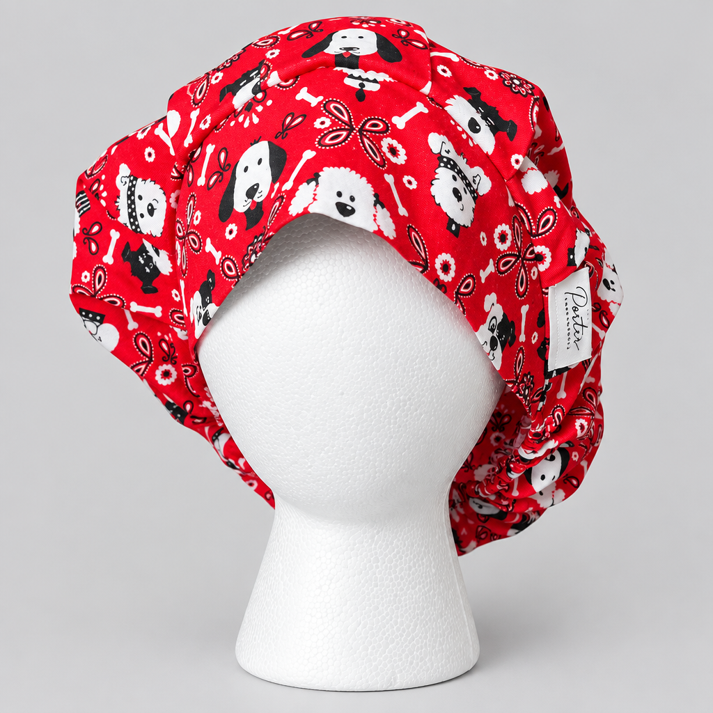Paw print bouffant scrub cap for long hair, handmade cotton