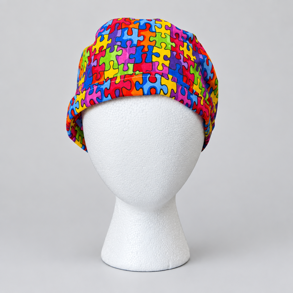 Puzzle print tie back scrub cap, handmade cotton